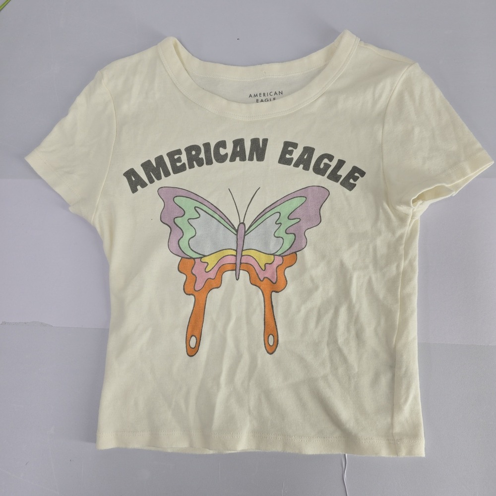 American Eagle Graphic Butterfly‎ T Shirt Cream Womens Size S
